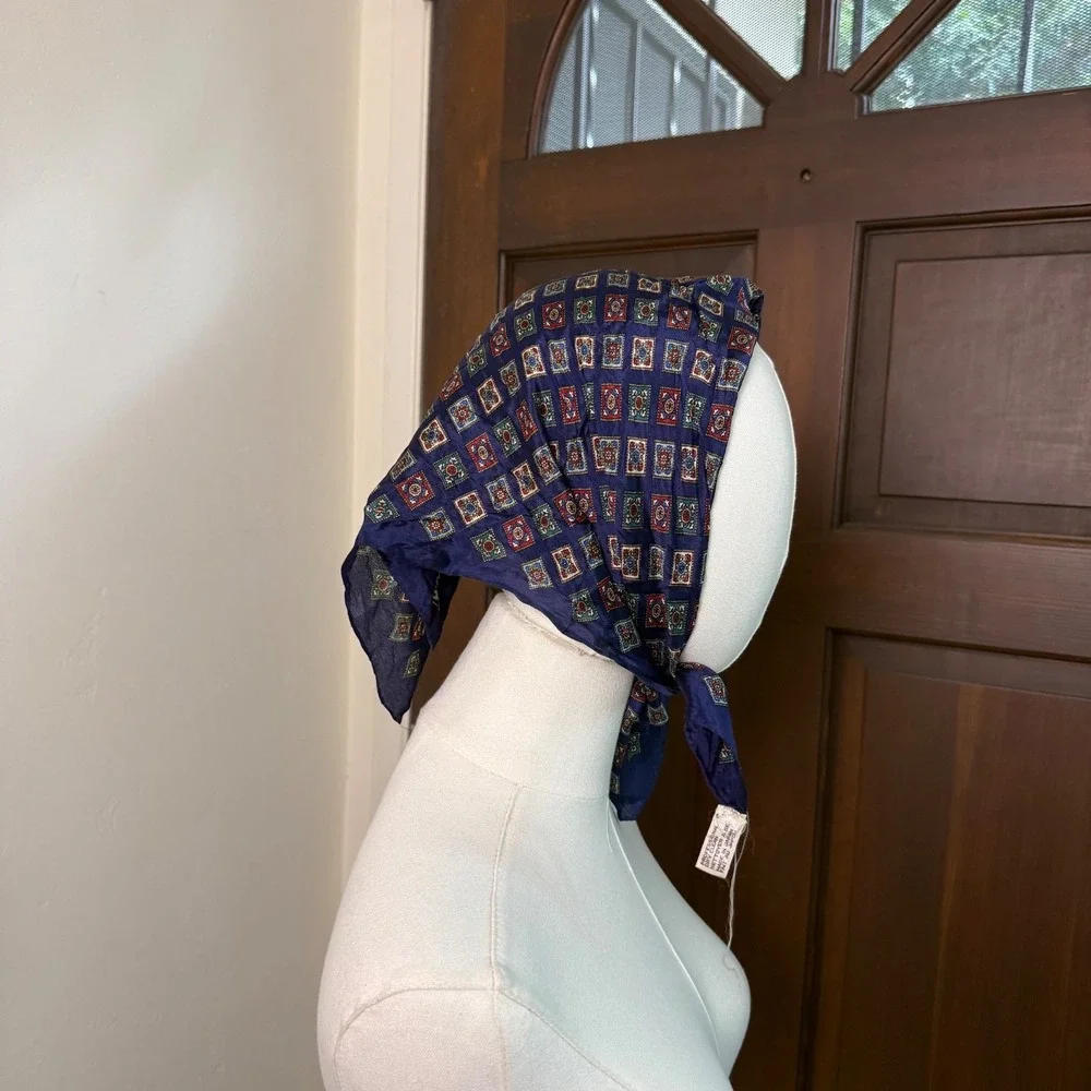 Anne Klein Silk Scarf Arabesque Repeat Vintage Japan | Navy | 20.5